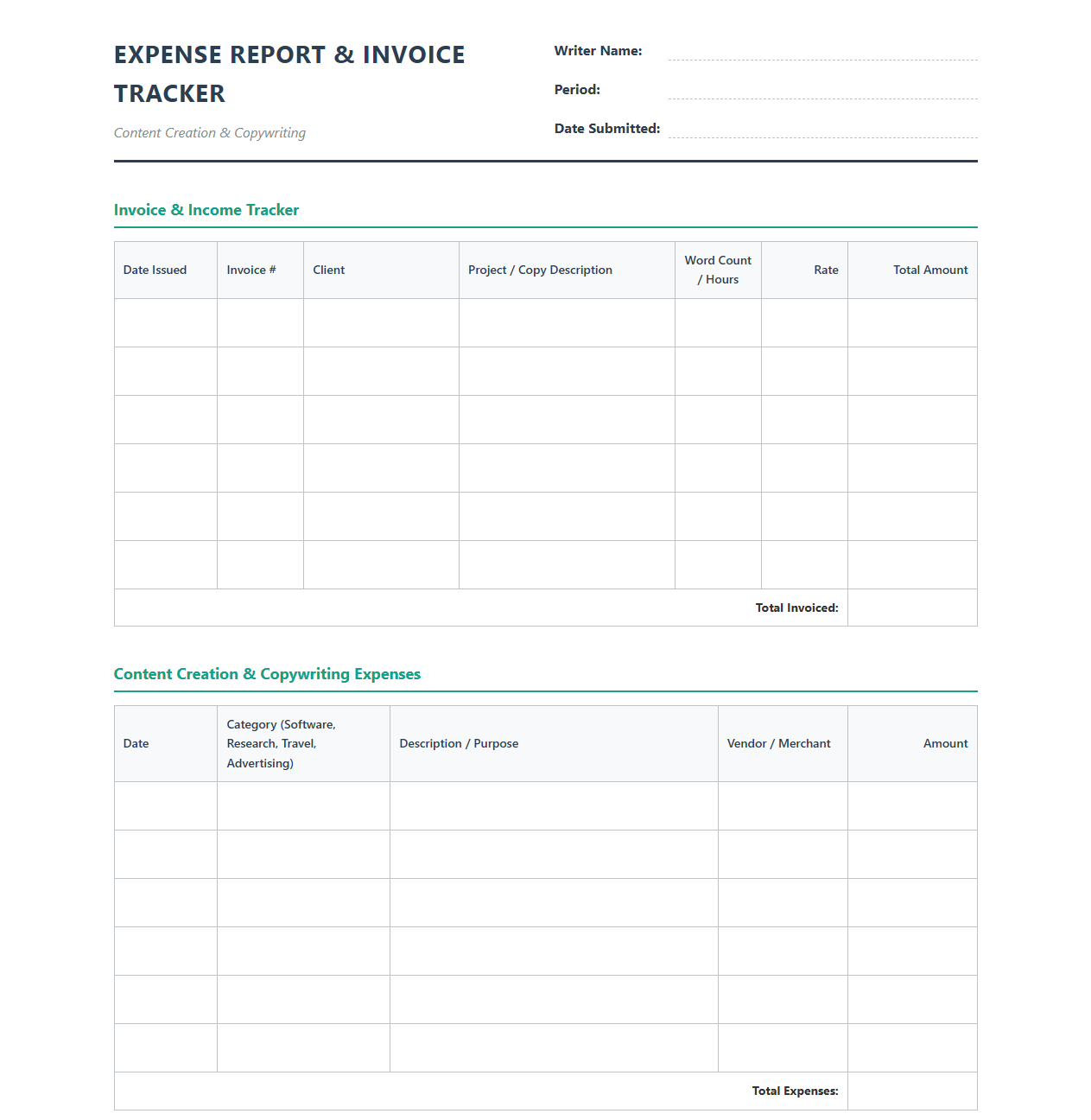 Creative Writer Expense Report and Invoice Tracker