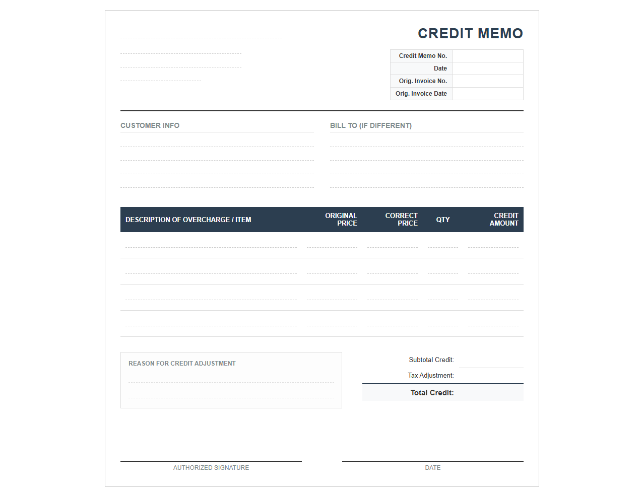 Credit Memo Invoice for Overcharges