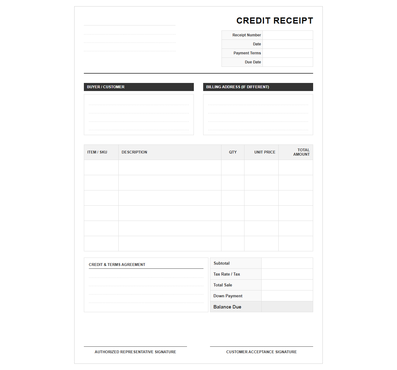 Credit Terms Sales Receipt Template