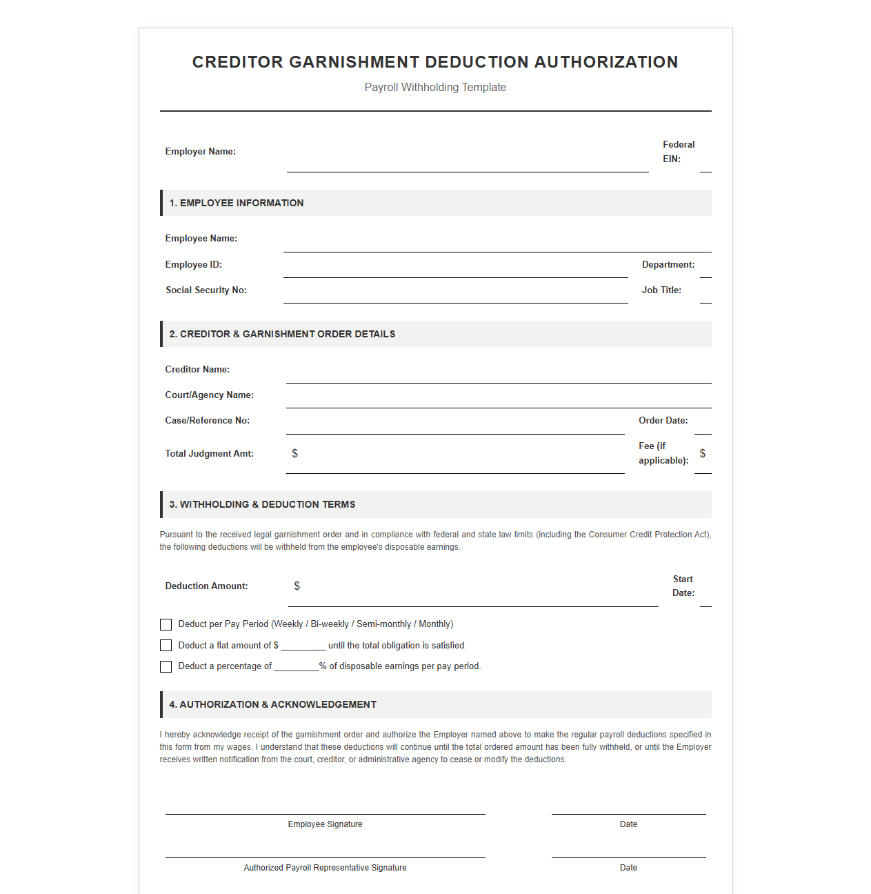 Creditor Garnishment Deduction Authorization Form