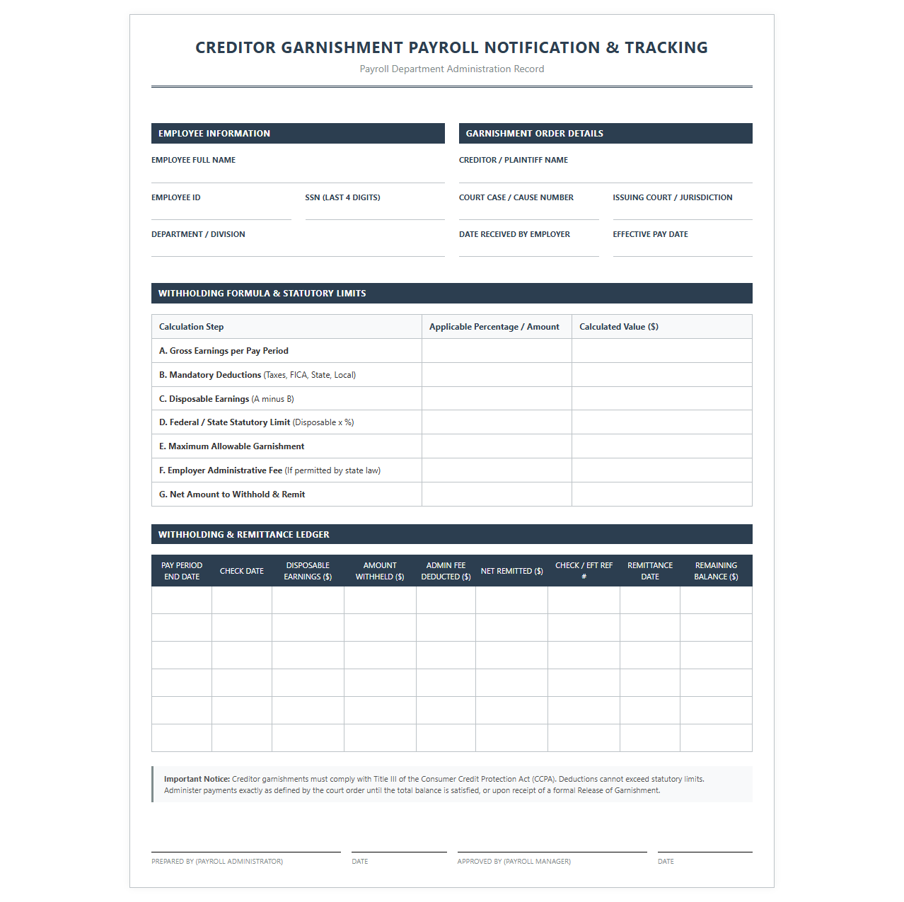 Creditor Garnishment Payroll Notification and Tracking Template