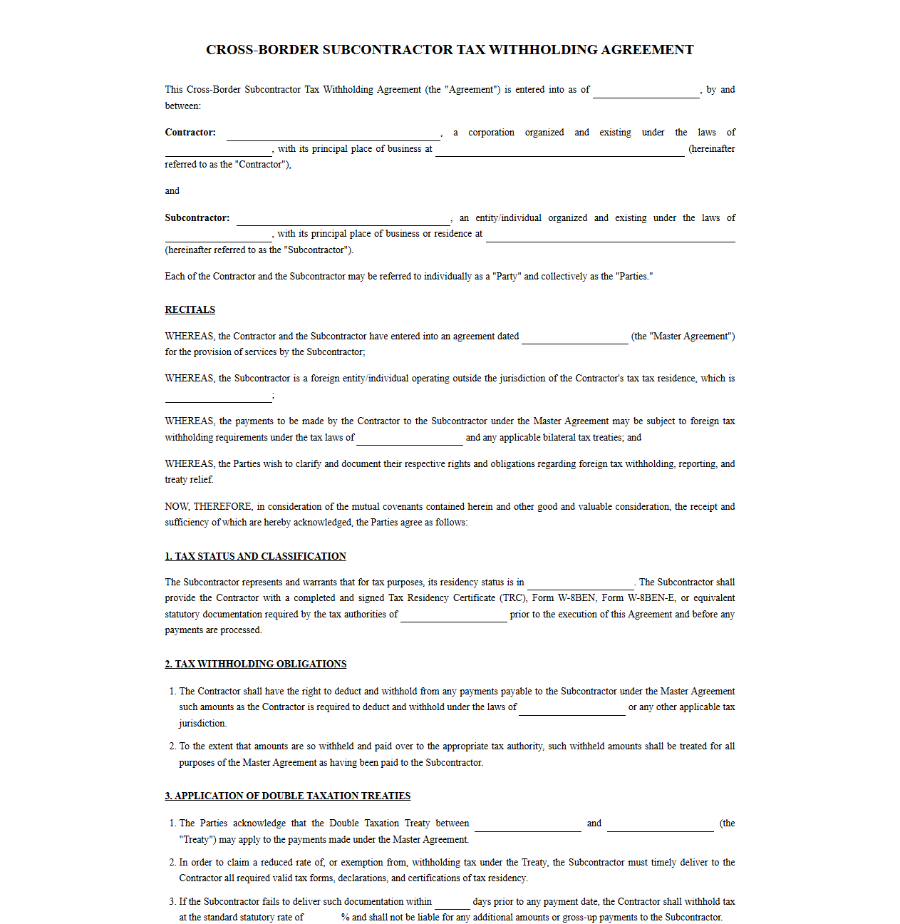 Cross-Border Subcontractor Tax Withholding Agreement
