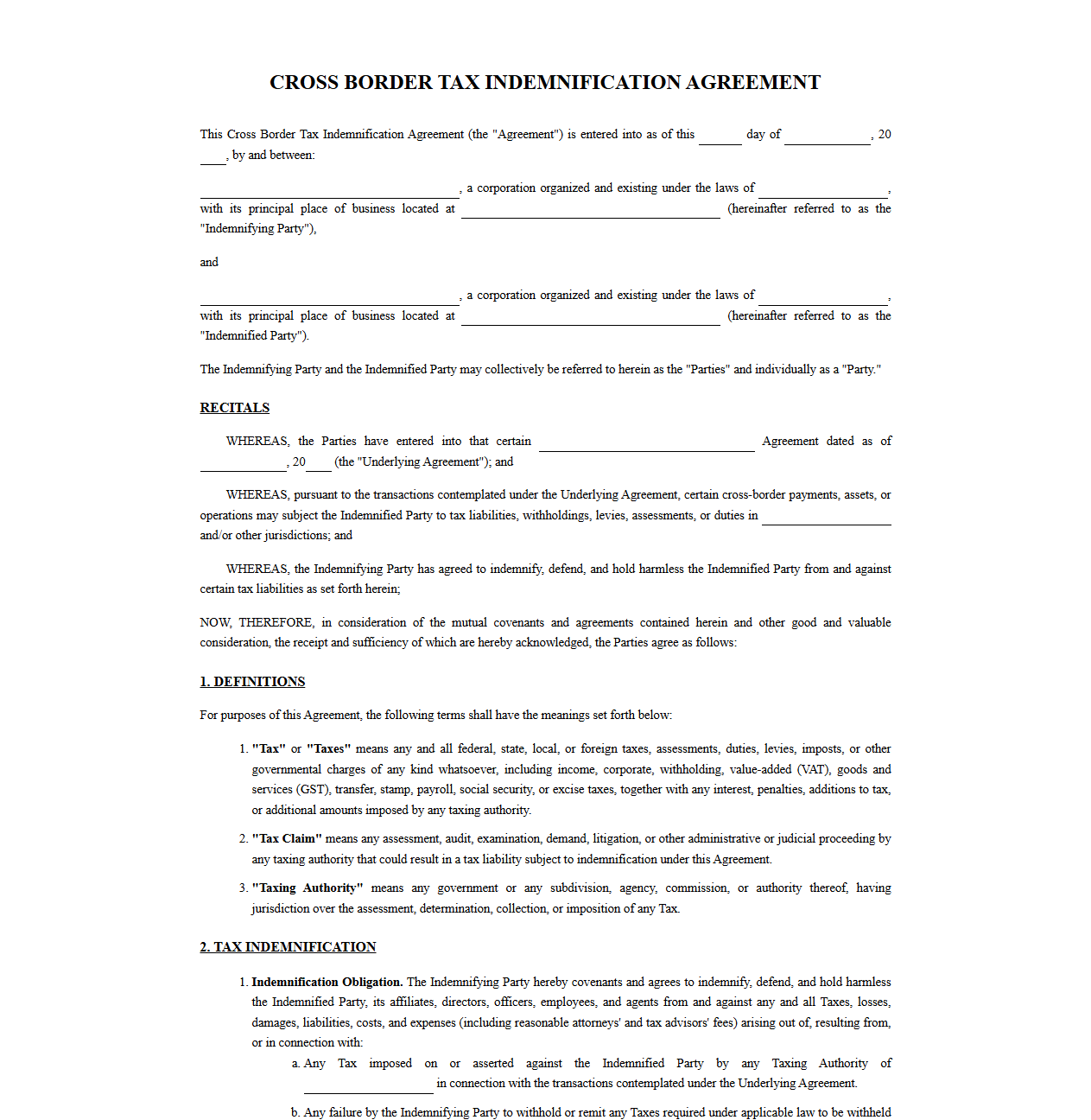 Cross Border Tax Indemnification Agreement