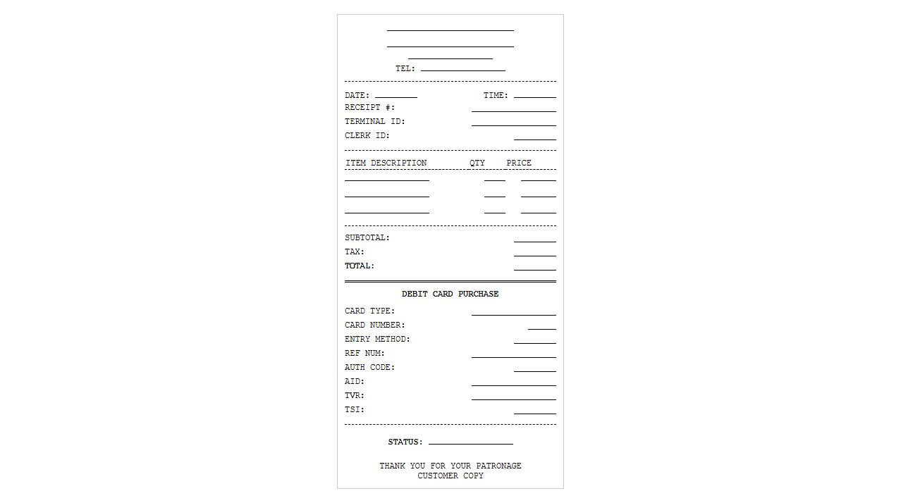 Customer Debit Card Purchase Receipt Template
