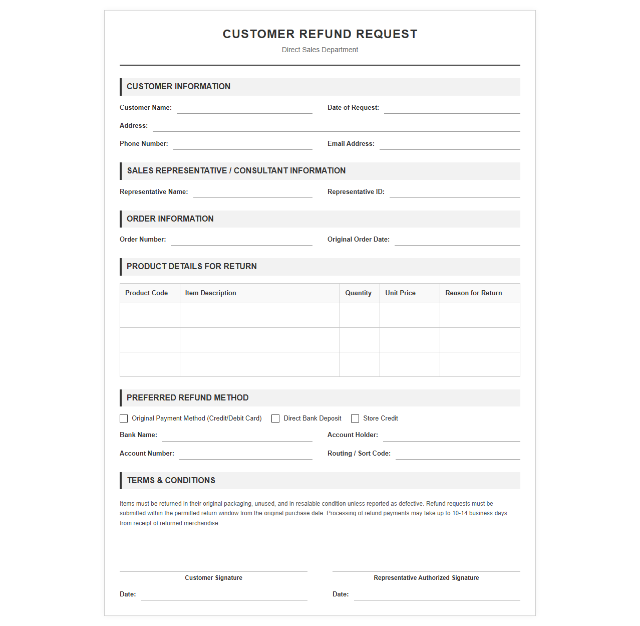 Customer Refund Request Template for Direct Sales