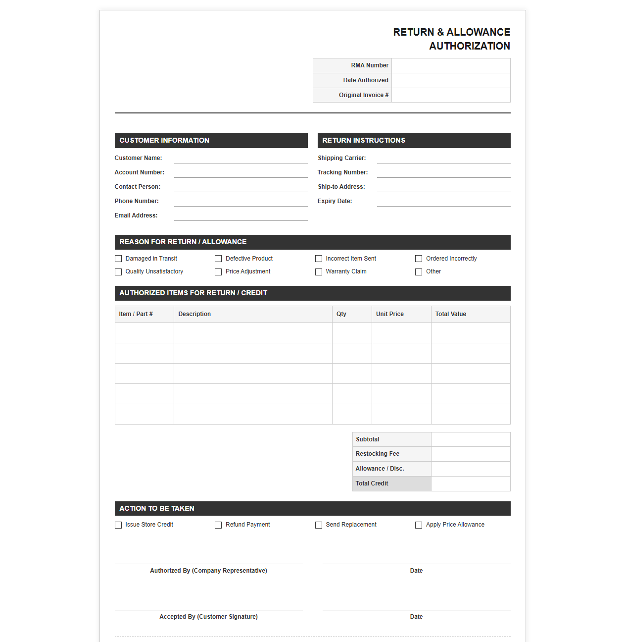 Customer Return and Allowance Authorization Form
