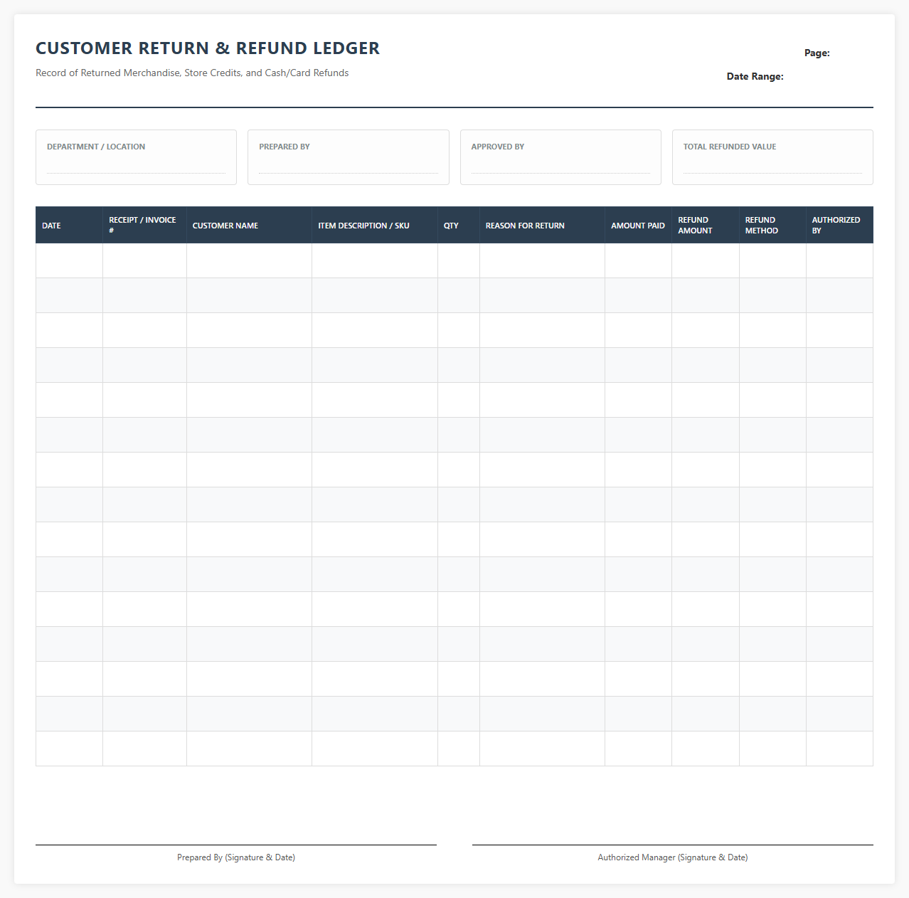 Customer Return and Refund Ledger Template
