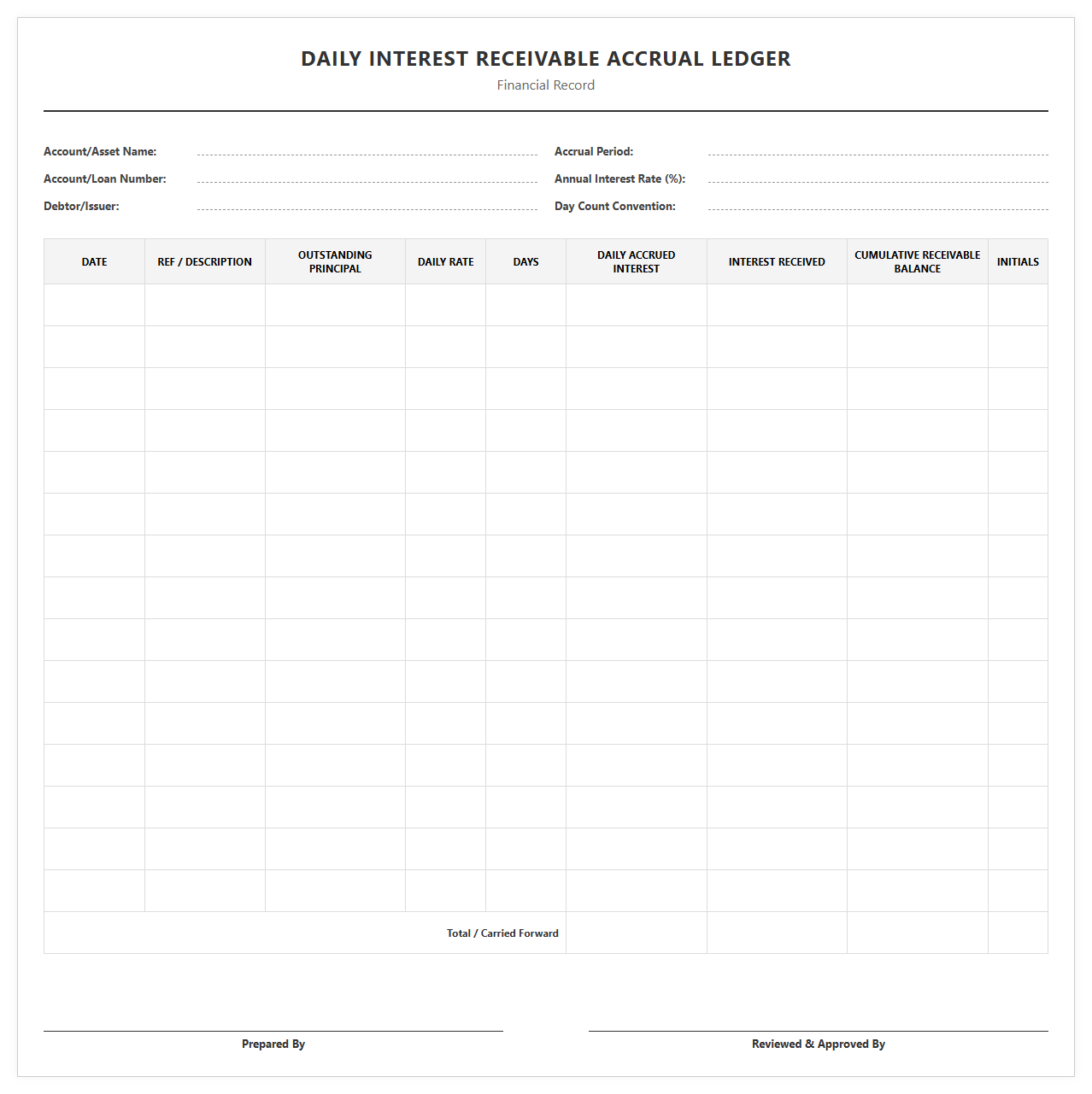 Daily Interest Receivable Accrual Ledger