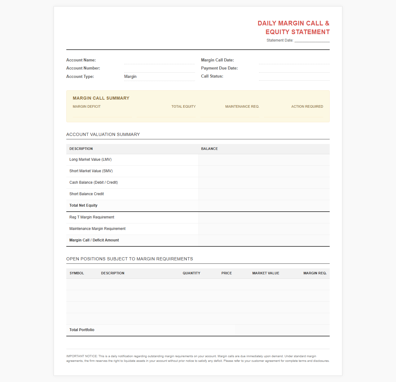 Daily Margin Call and Equity Statement Template