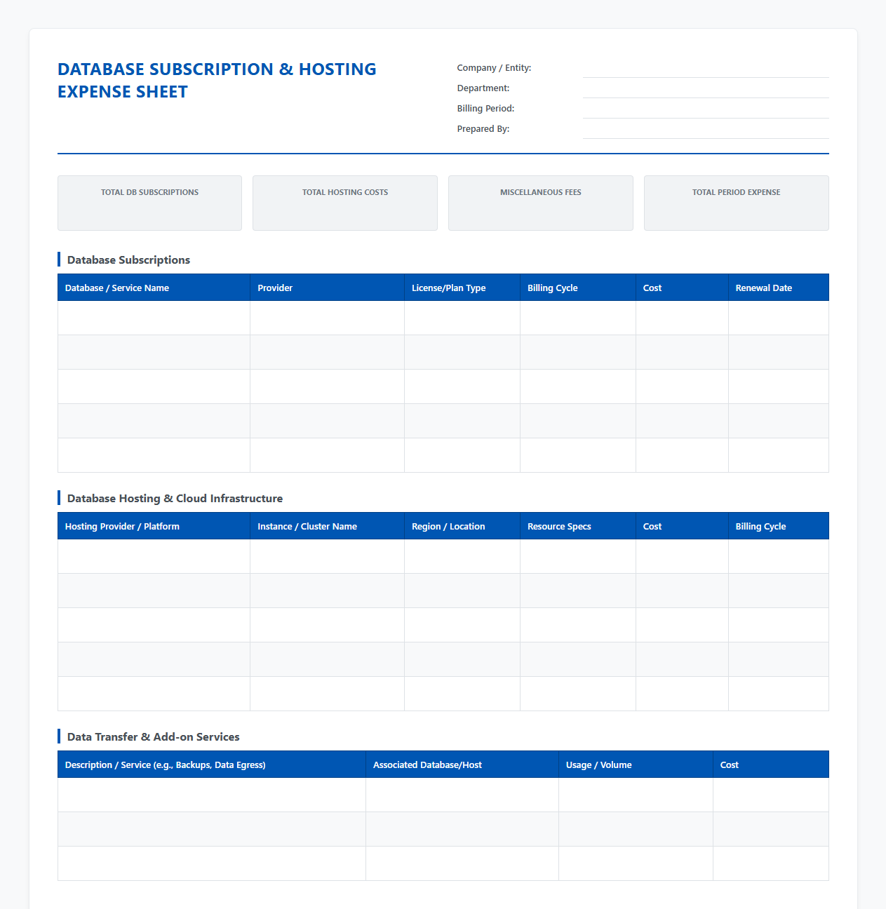 Database Subscription and Hosting Expense Sheet