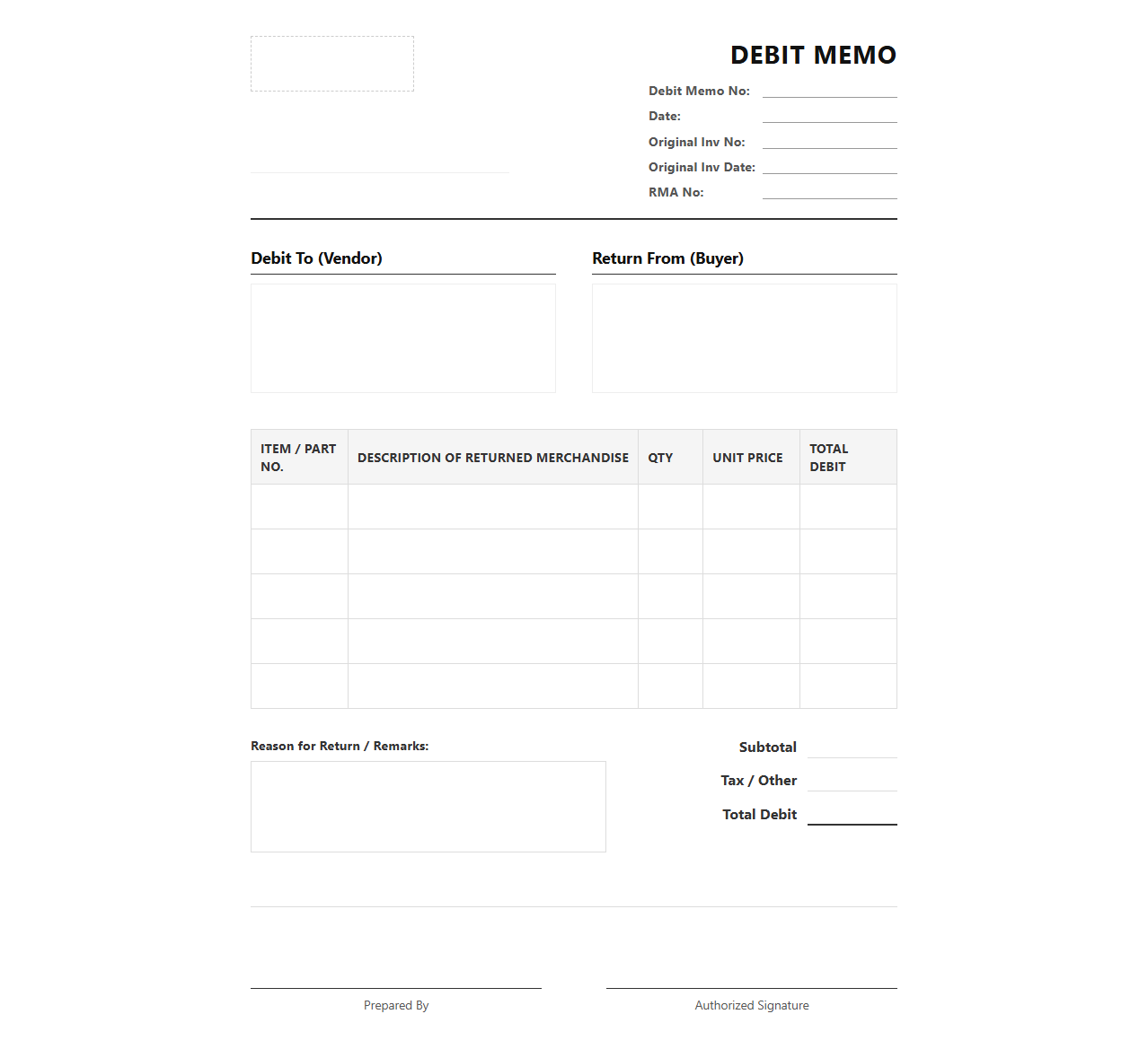 Debit Memo for Returned Merchandise