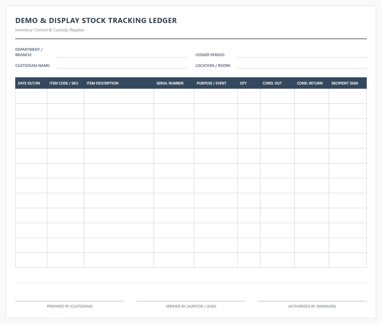 Demo and Display Stock Tracking Ledger