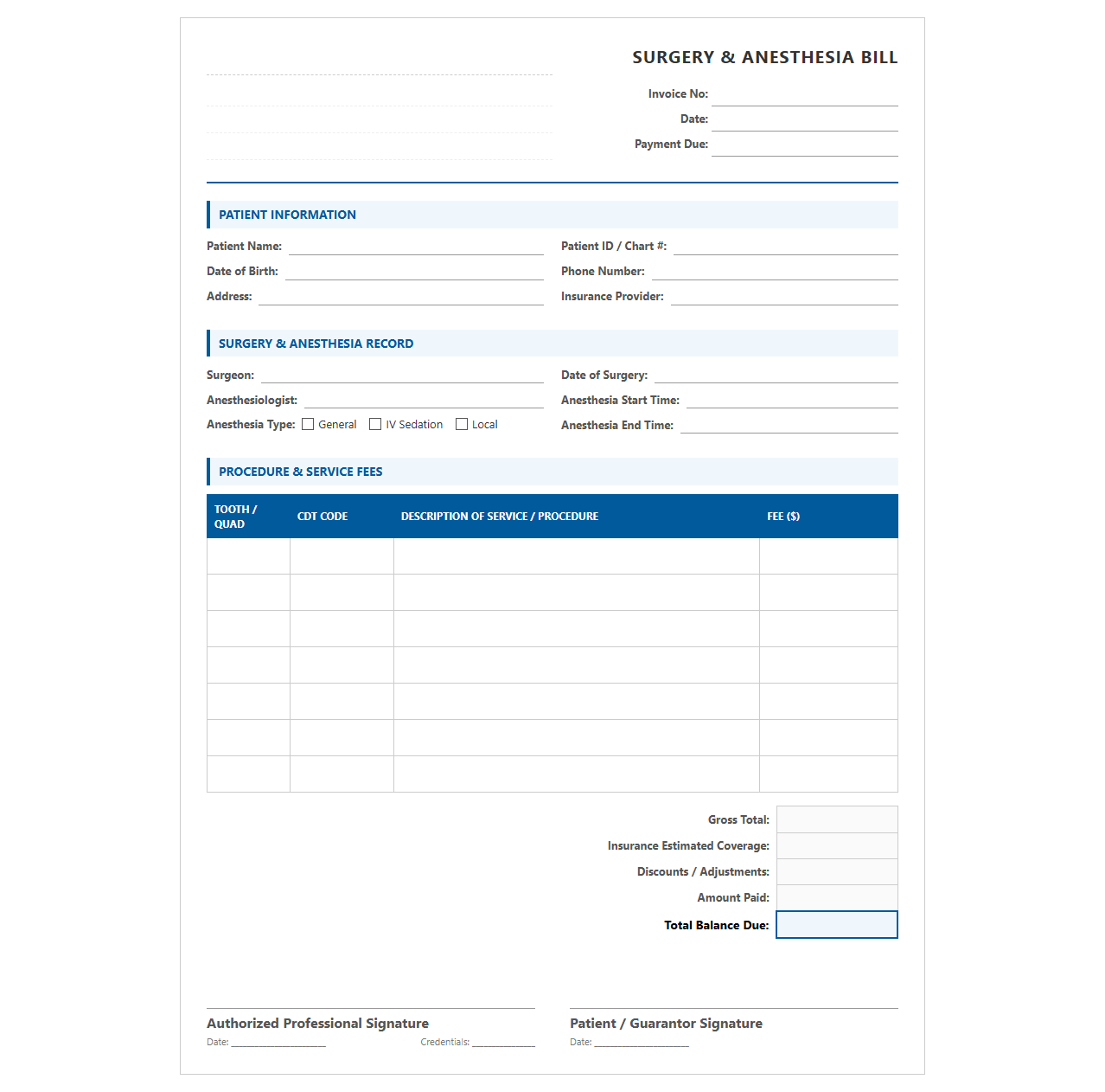 Dental Surgery and Anesthesia Billing Template