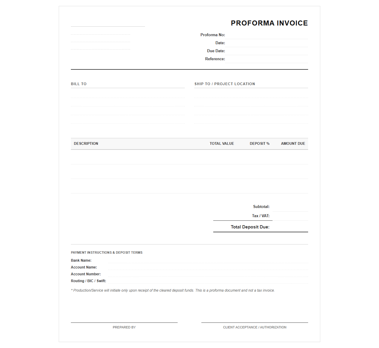 Deposit Invoice Template for Proforma Billing