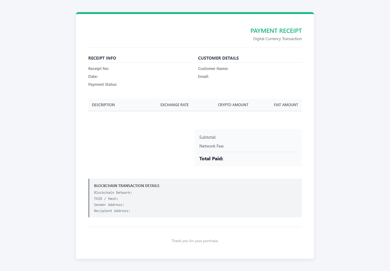 Digital Currency Purchase Receipt Template
