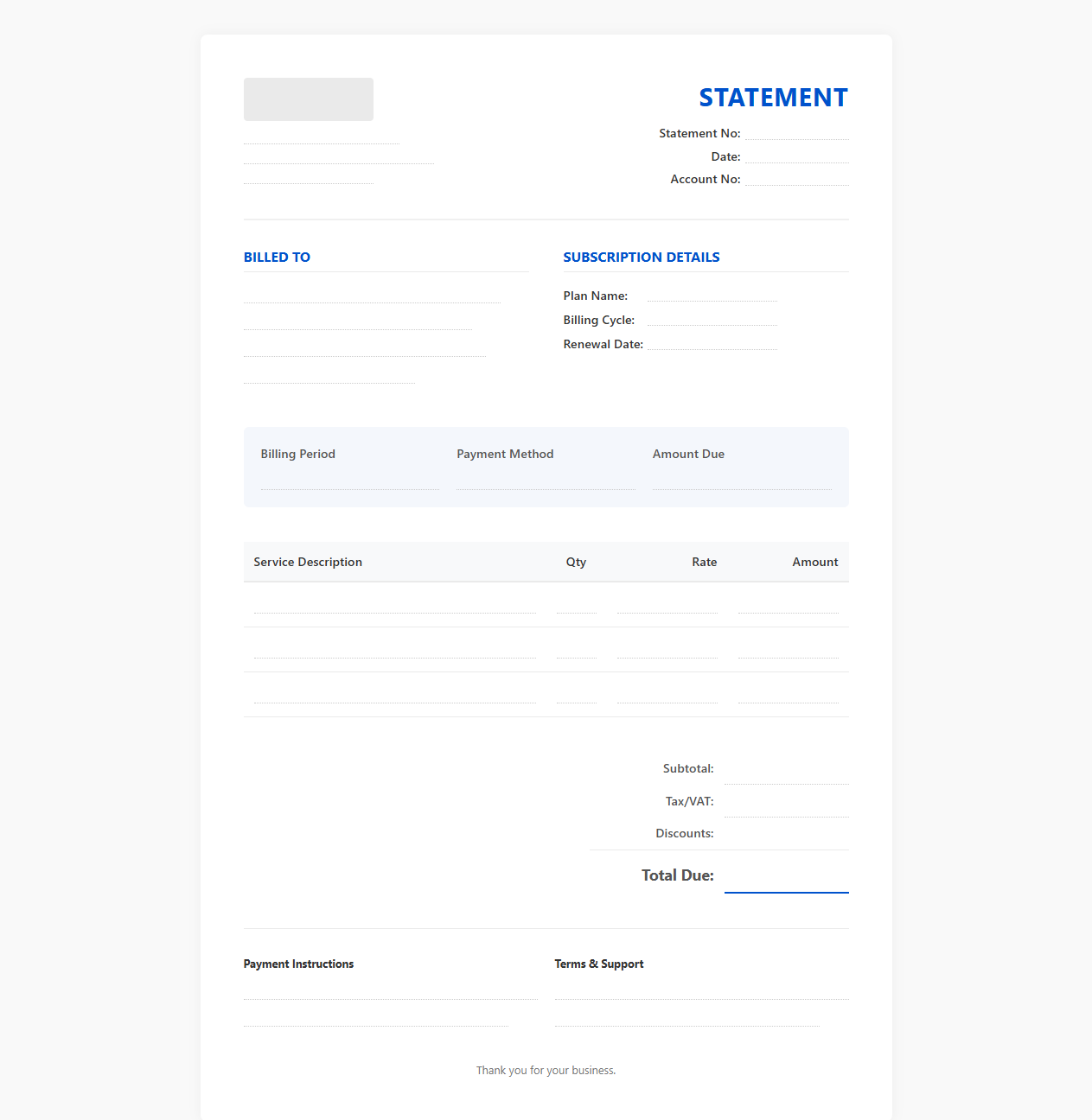 Digital Service Subscription Billing Statement