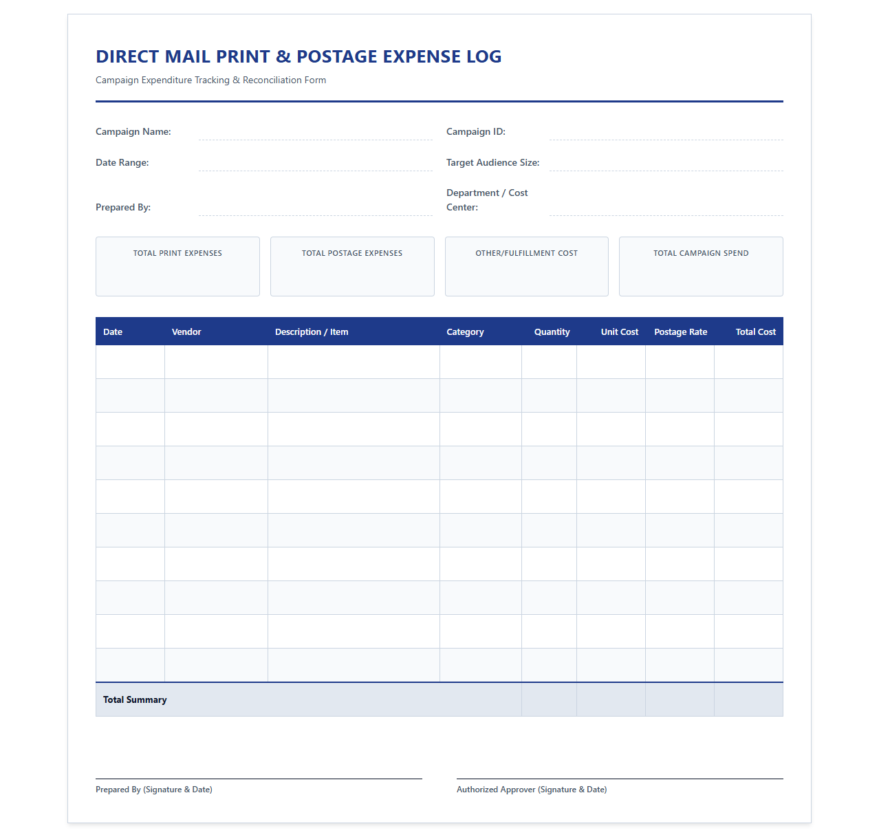 Direct Mail Print and Postage Expense Log