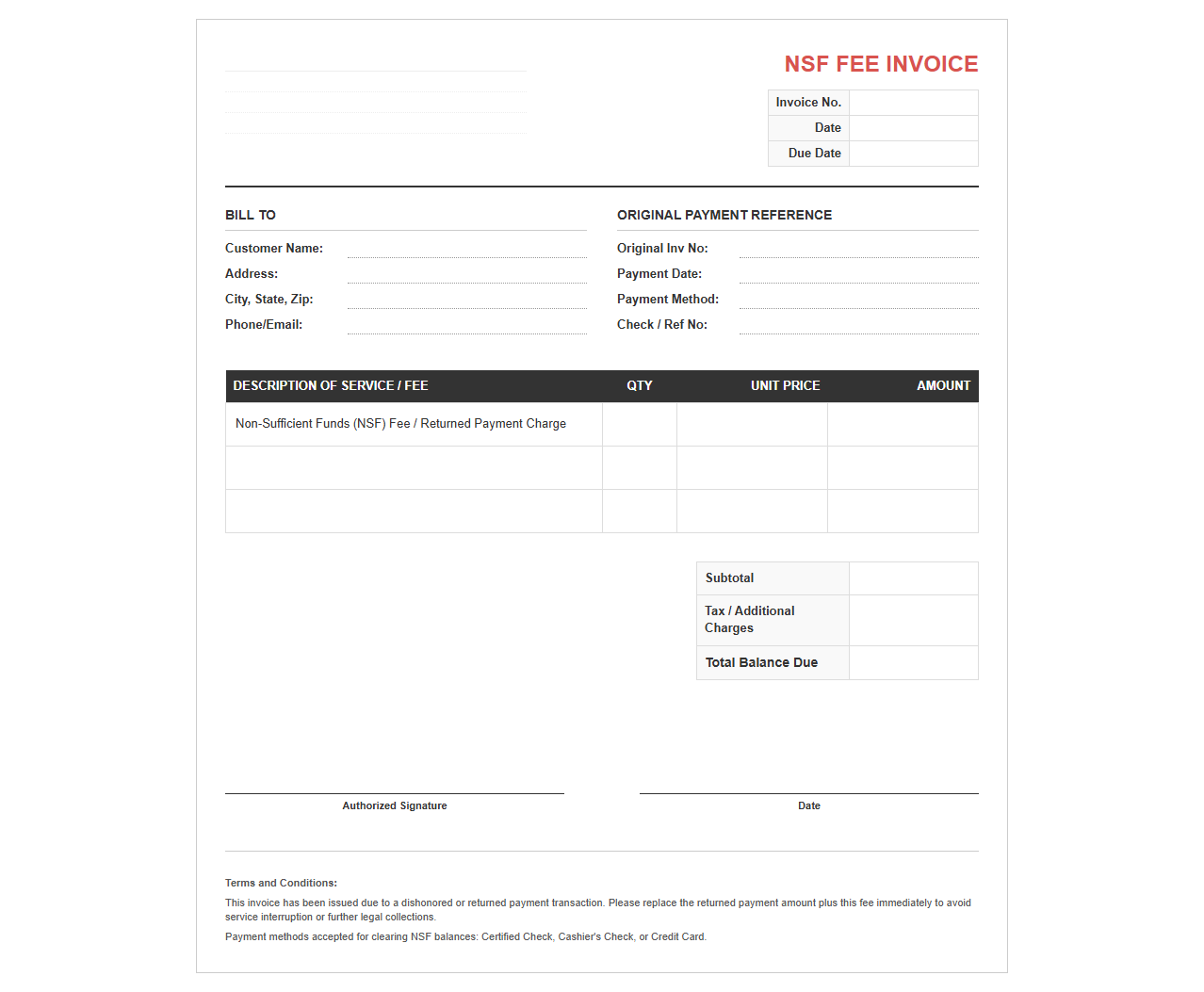 Dishonored Payment Fee Invoice Template