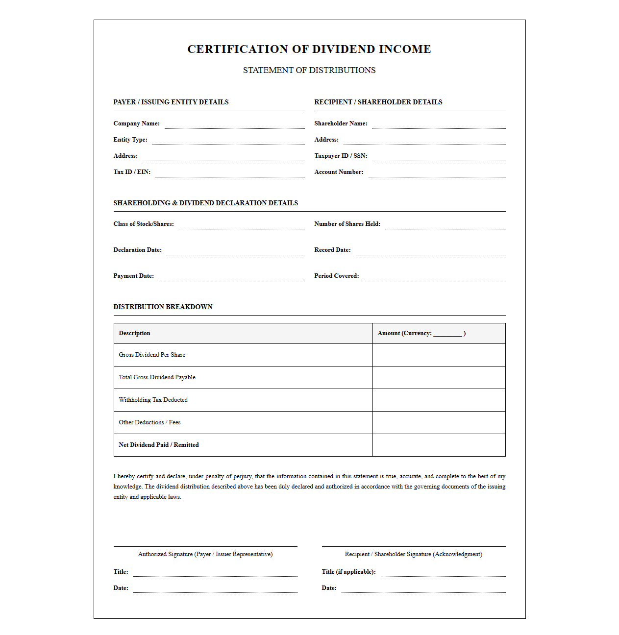 Dividend Income Certification Template