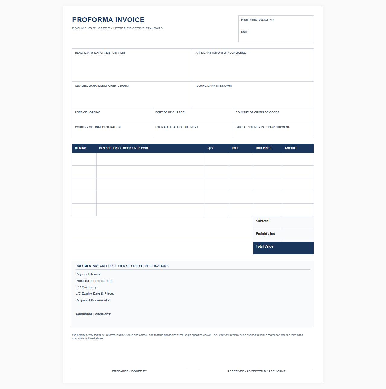 Documentary Credit Proforma Invoice Template