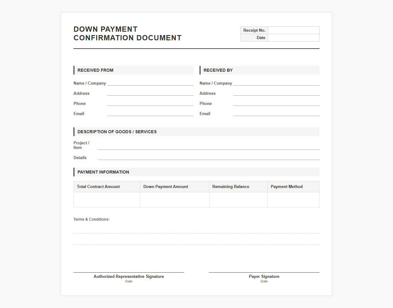 Down Payment Confirmation Document