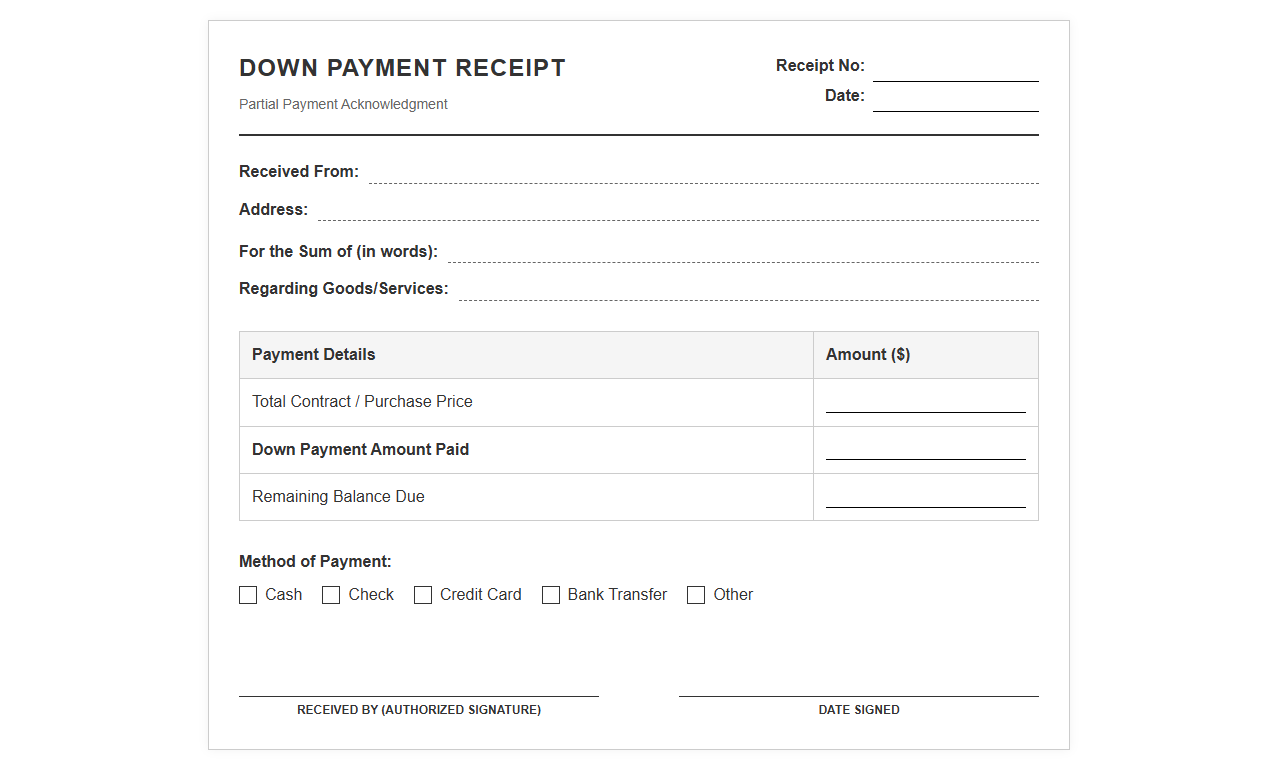 Down Payment Receipt Template