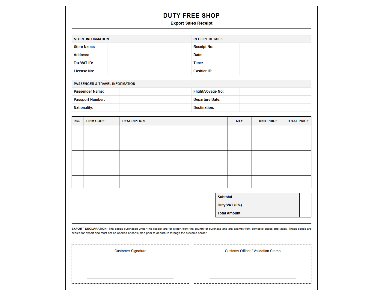 Duty Free Export Sales Receipt