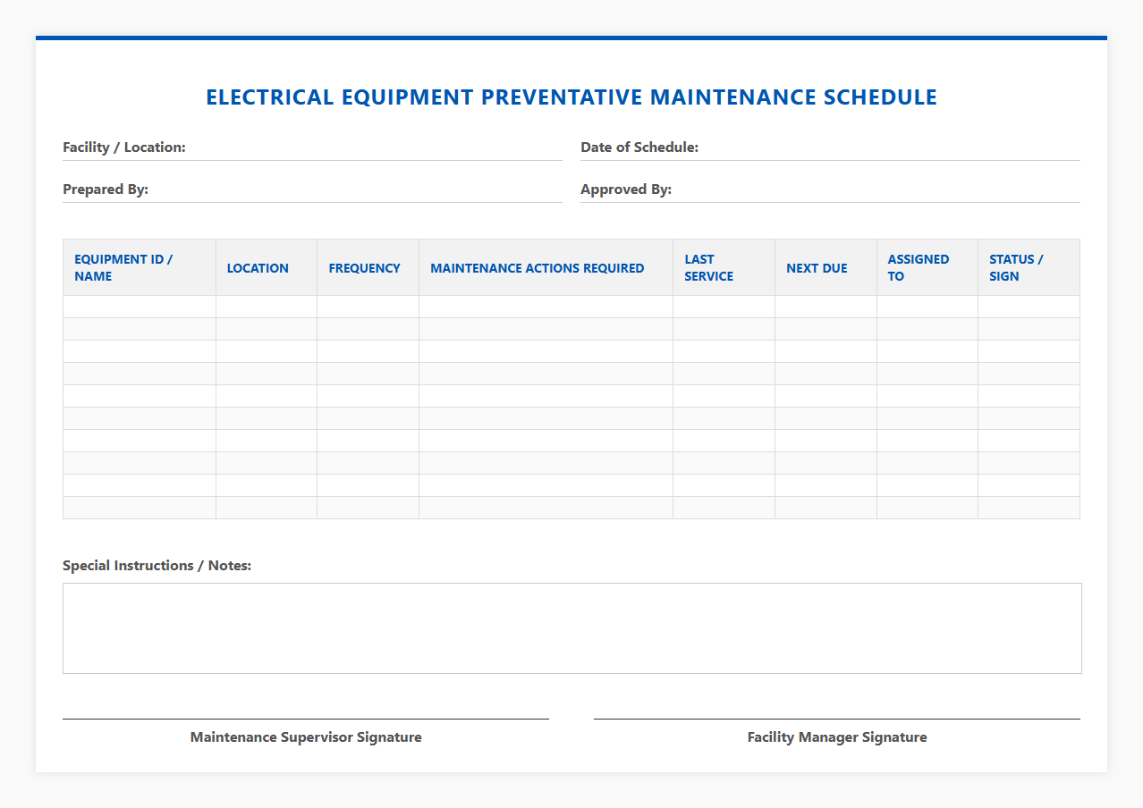 Electrical equipment preventative maintenance schedule