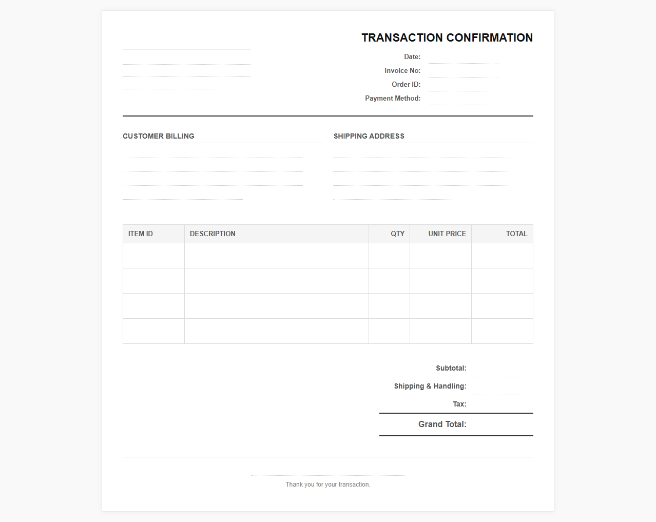 Electronic Commerce Transaction Confirmation Invoice