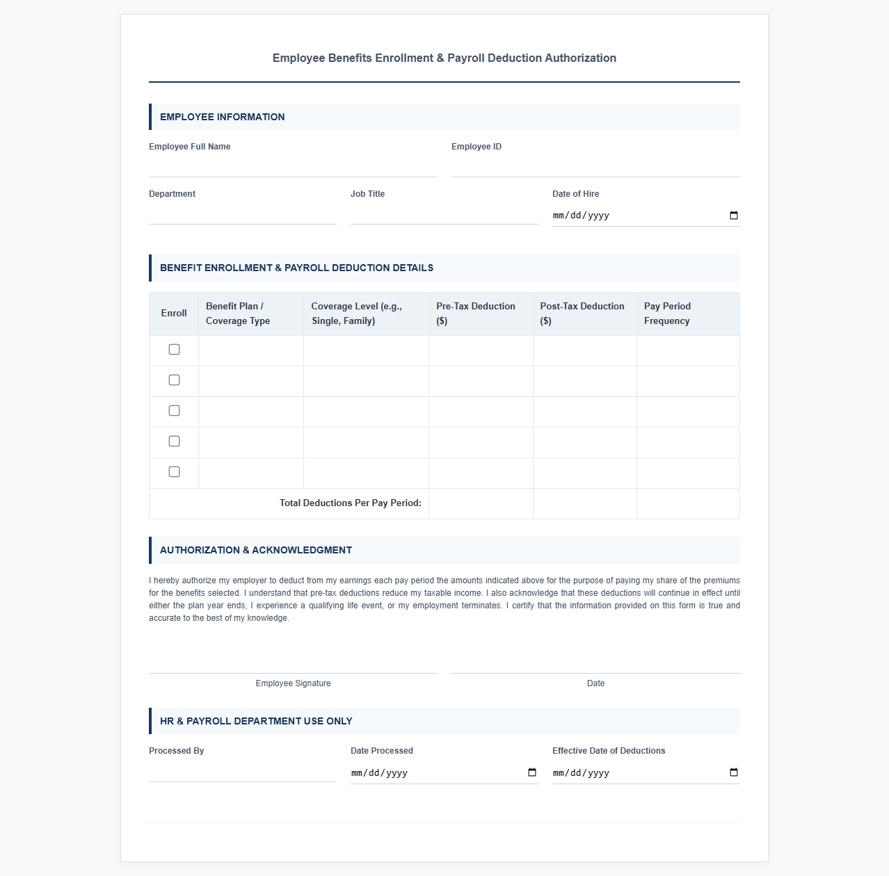 Employee Benefits Enrollment Payroll Deduction Template