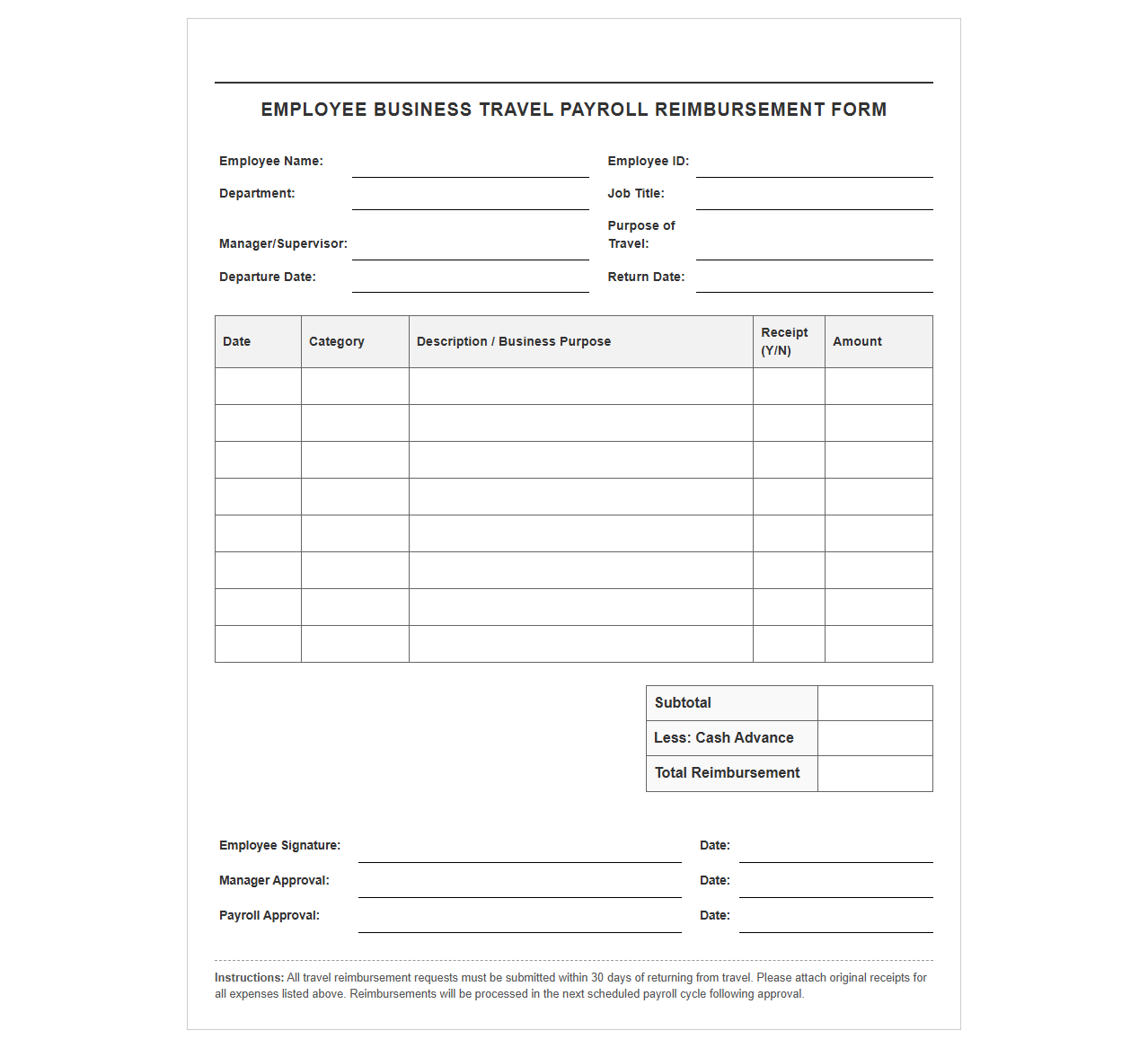 Employee Business Travel Payroll Reimbursement Form