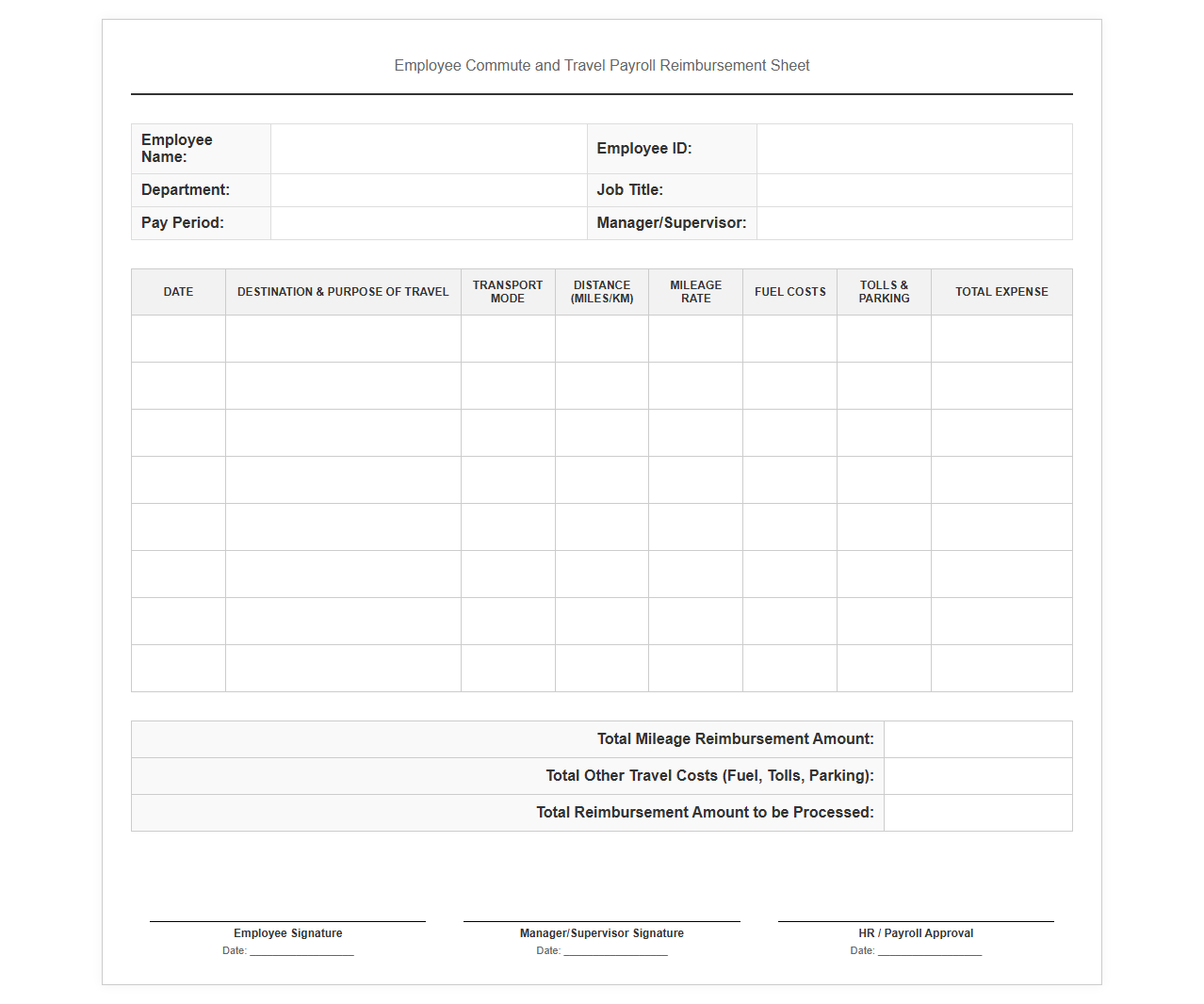 Employee Commute and Travel Payroll Reimbursement Sheet