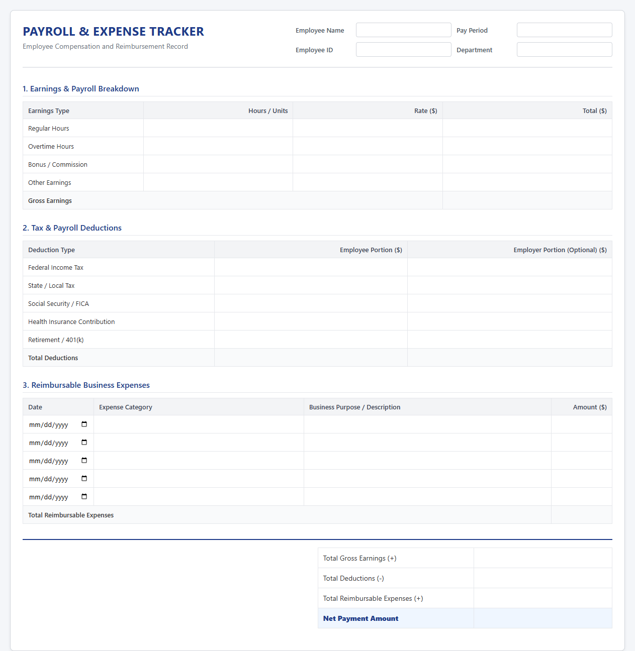 Employee Expense and Payroll Tracking Spreadsheet