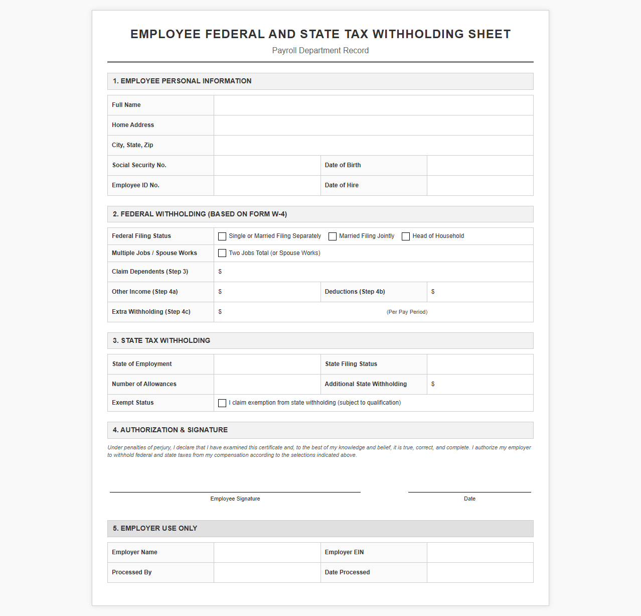 Employee Federal and State Tax Withholding Sheet