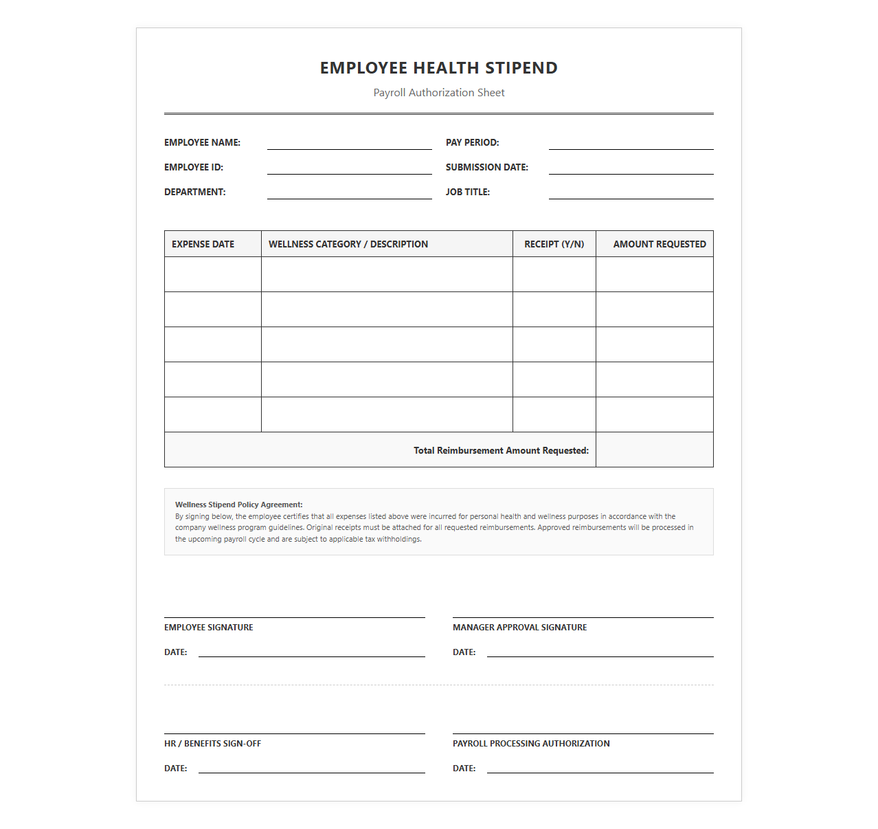 Employee Health Stipend Payroll Authorization Sheet