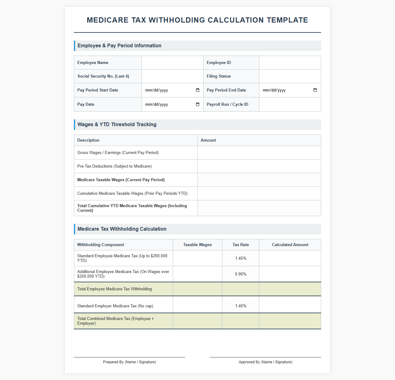 Employee Medicare Tax Withholding Calculation Template