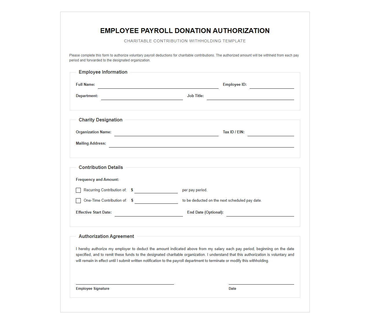 Employee Payroll Donation Authorization Form