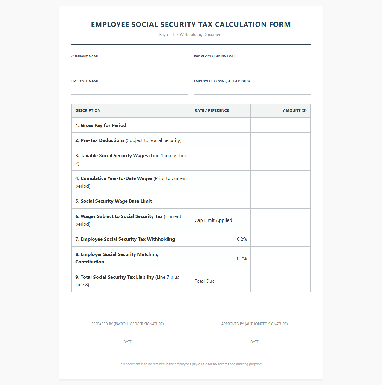 Employee Social Security Tax Calculation Form