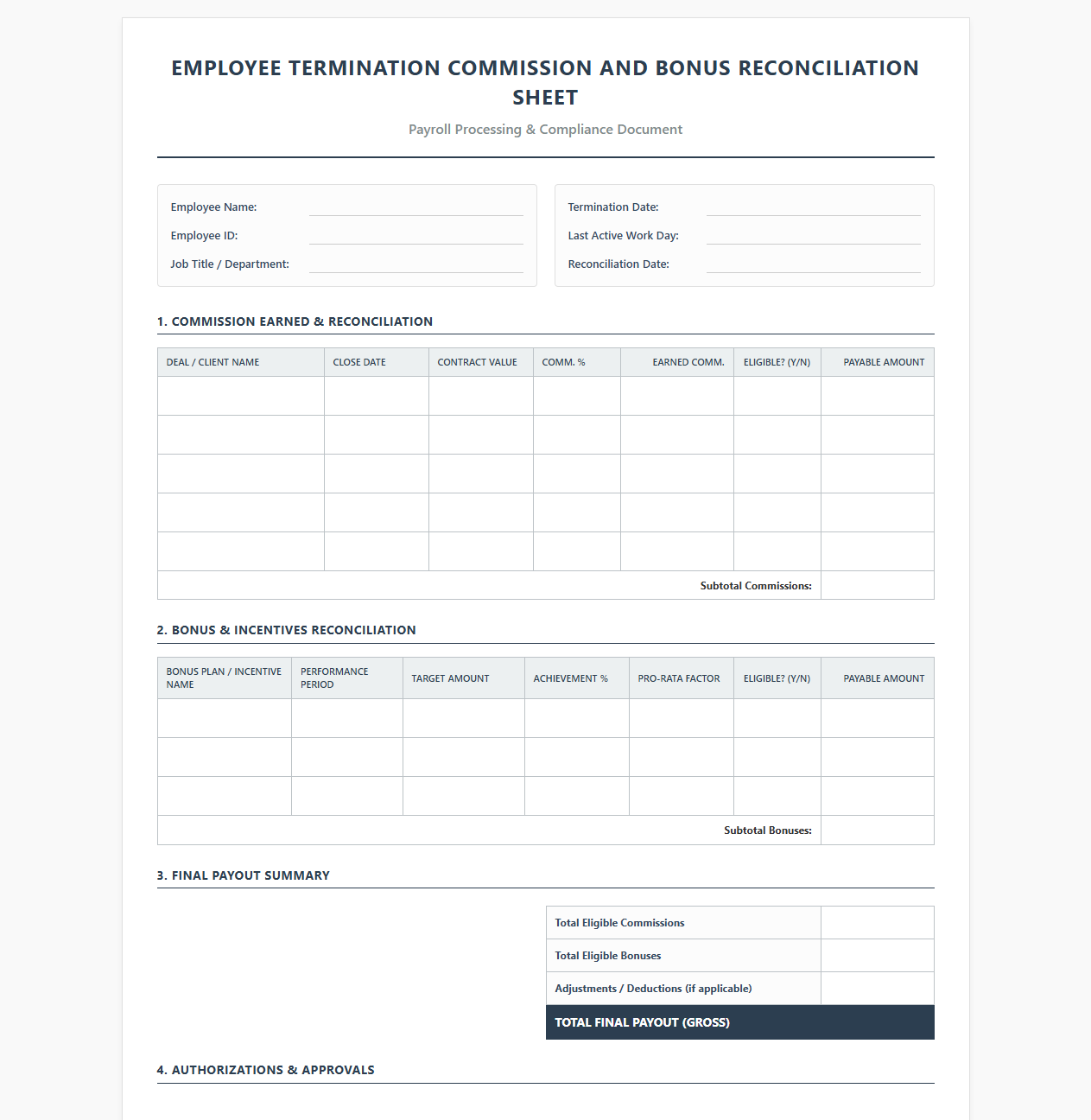 Employee Termination Commission and Bonus Reconciliation Sheet