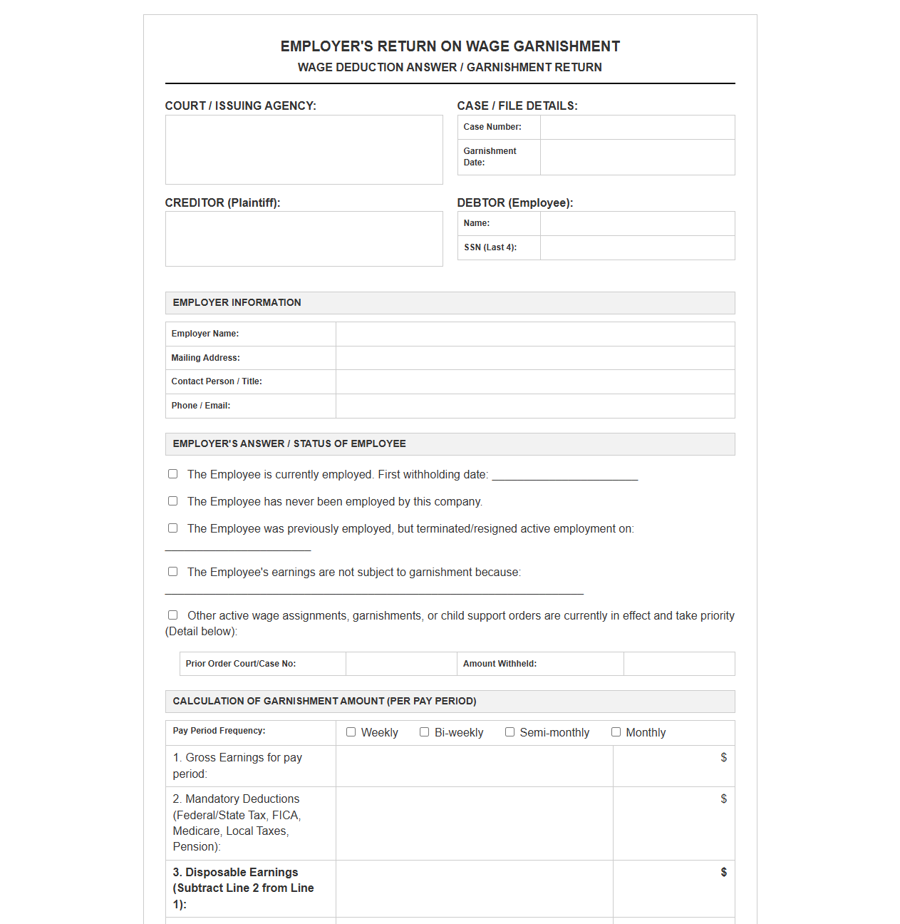 Employee Wage Garnishment Return Document