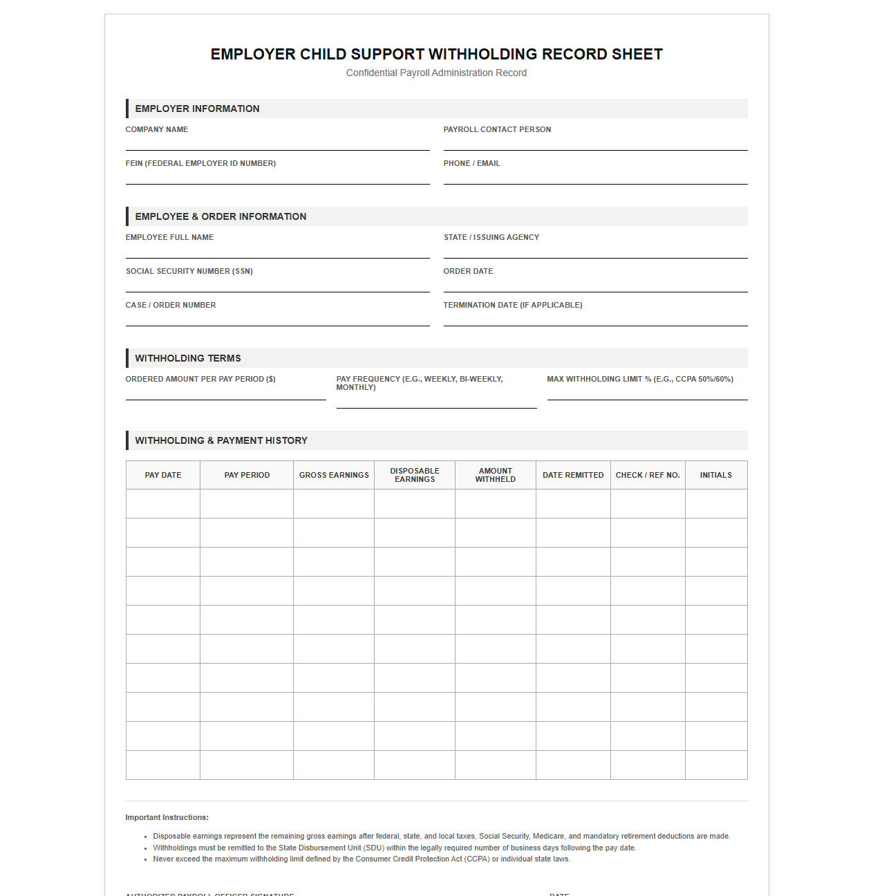 Employer Child Support Withholding Record Sheet