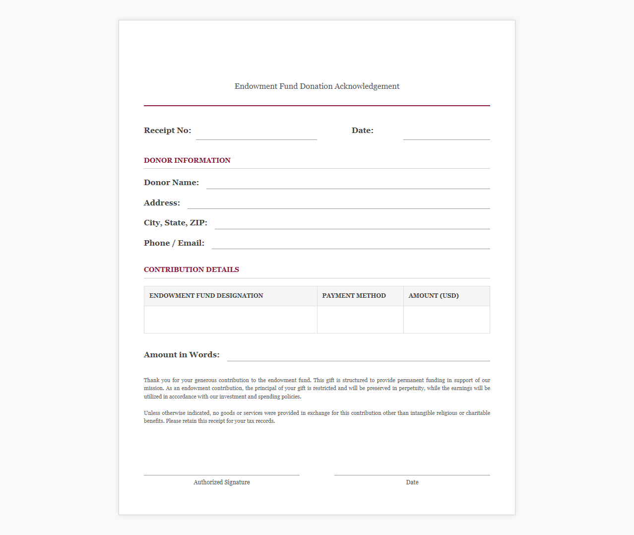 Endowment Fund Donation Acknowledgement Receipt