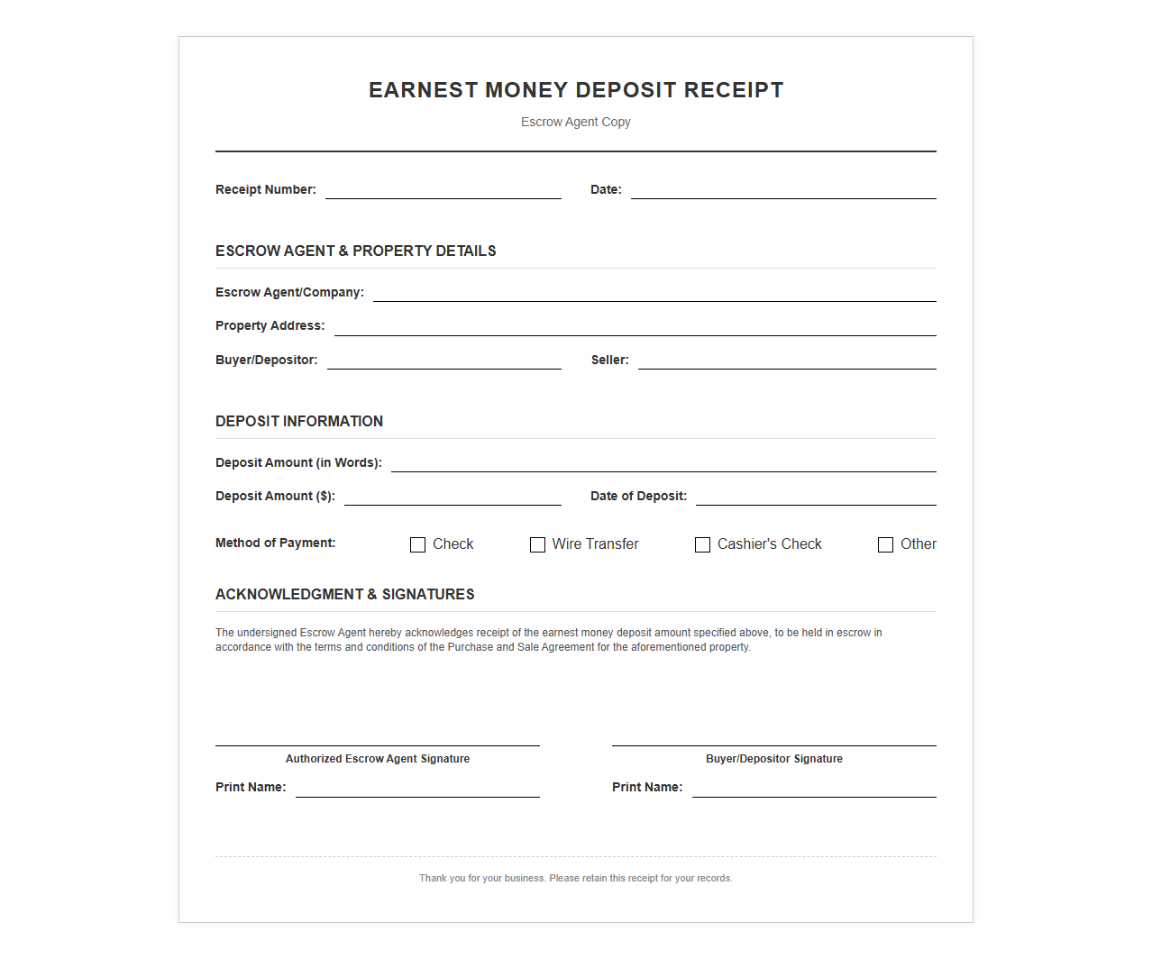 Escrow Earnest Money Deposit Receipt