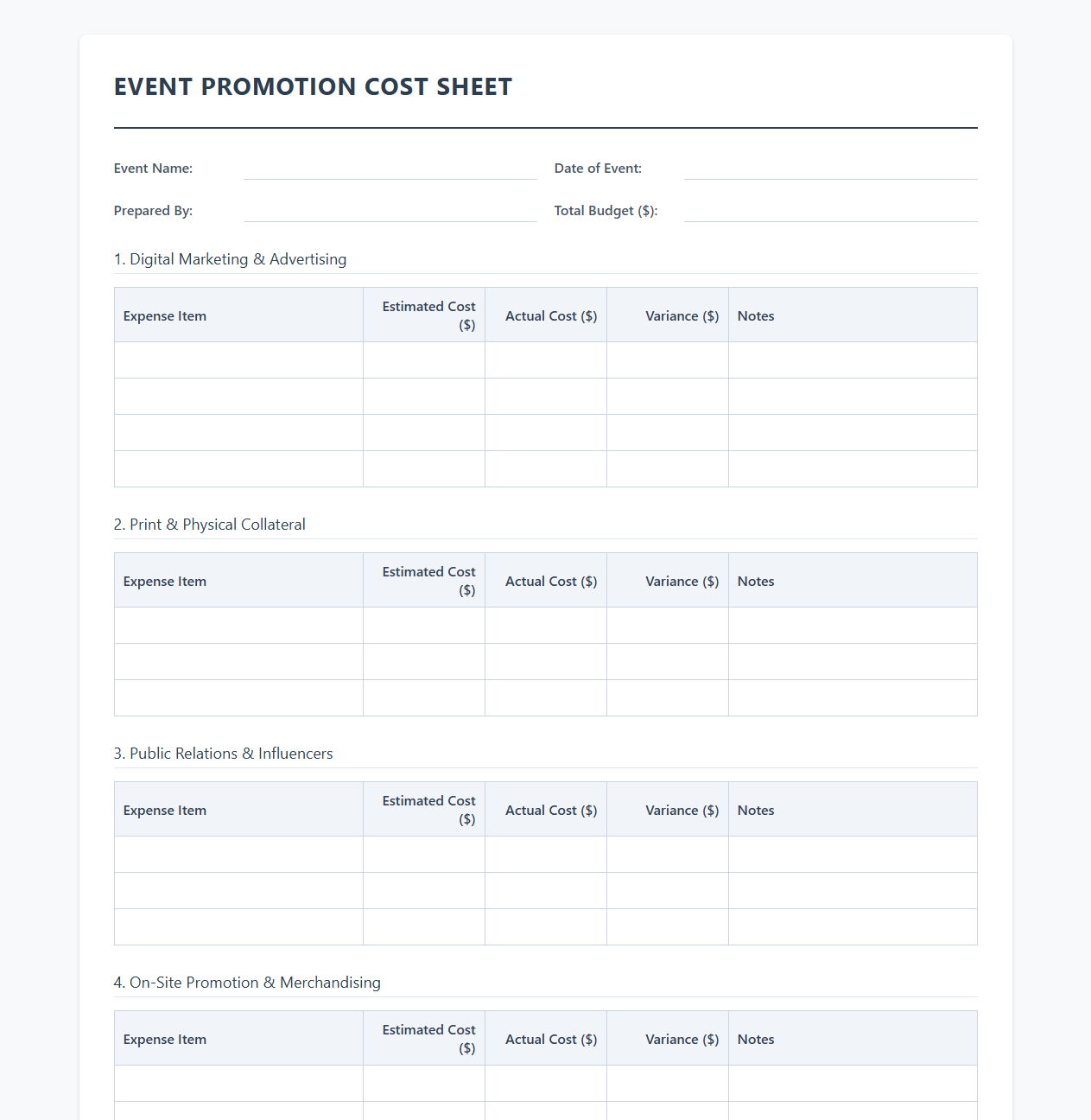 Event Promotion Cost Sheet
