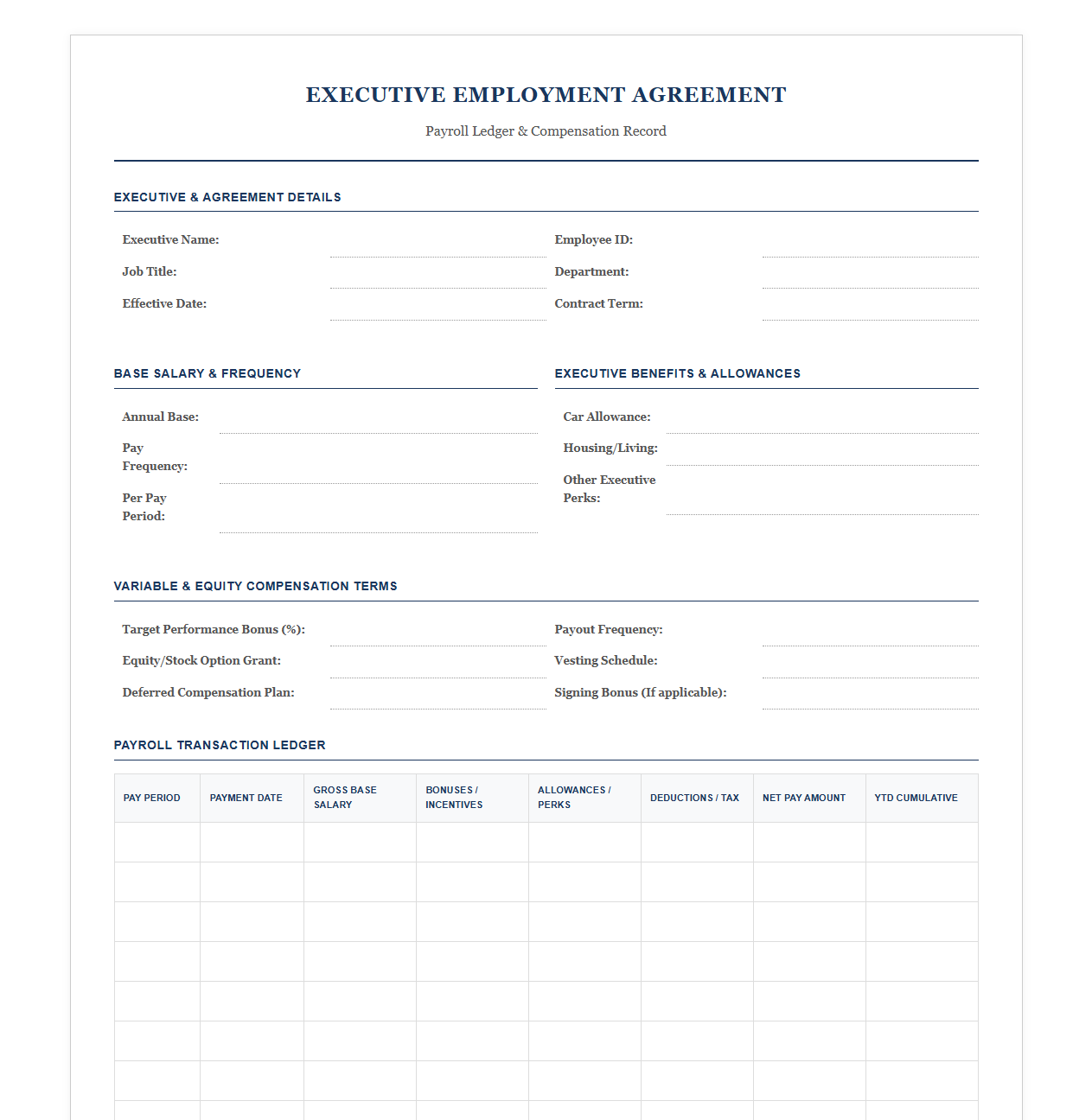 Executive Employment Agreement Payroll Ledger