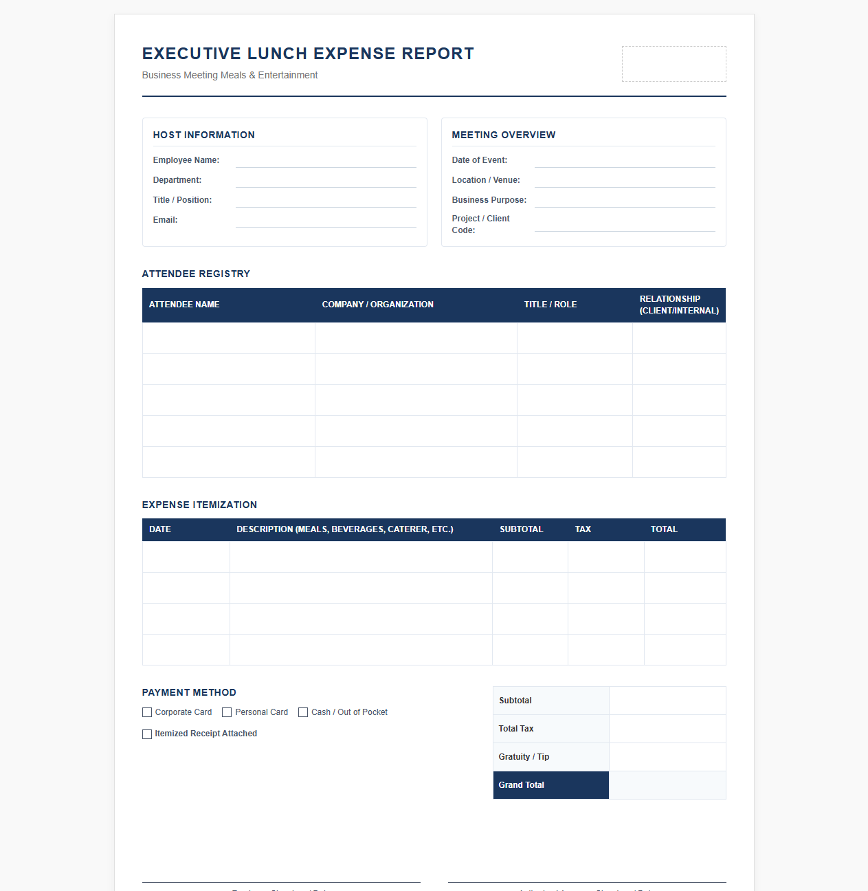 Executive Lunch Expense Report Template