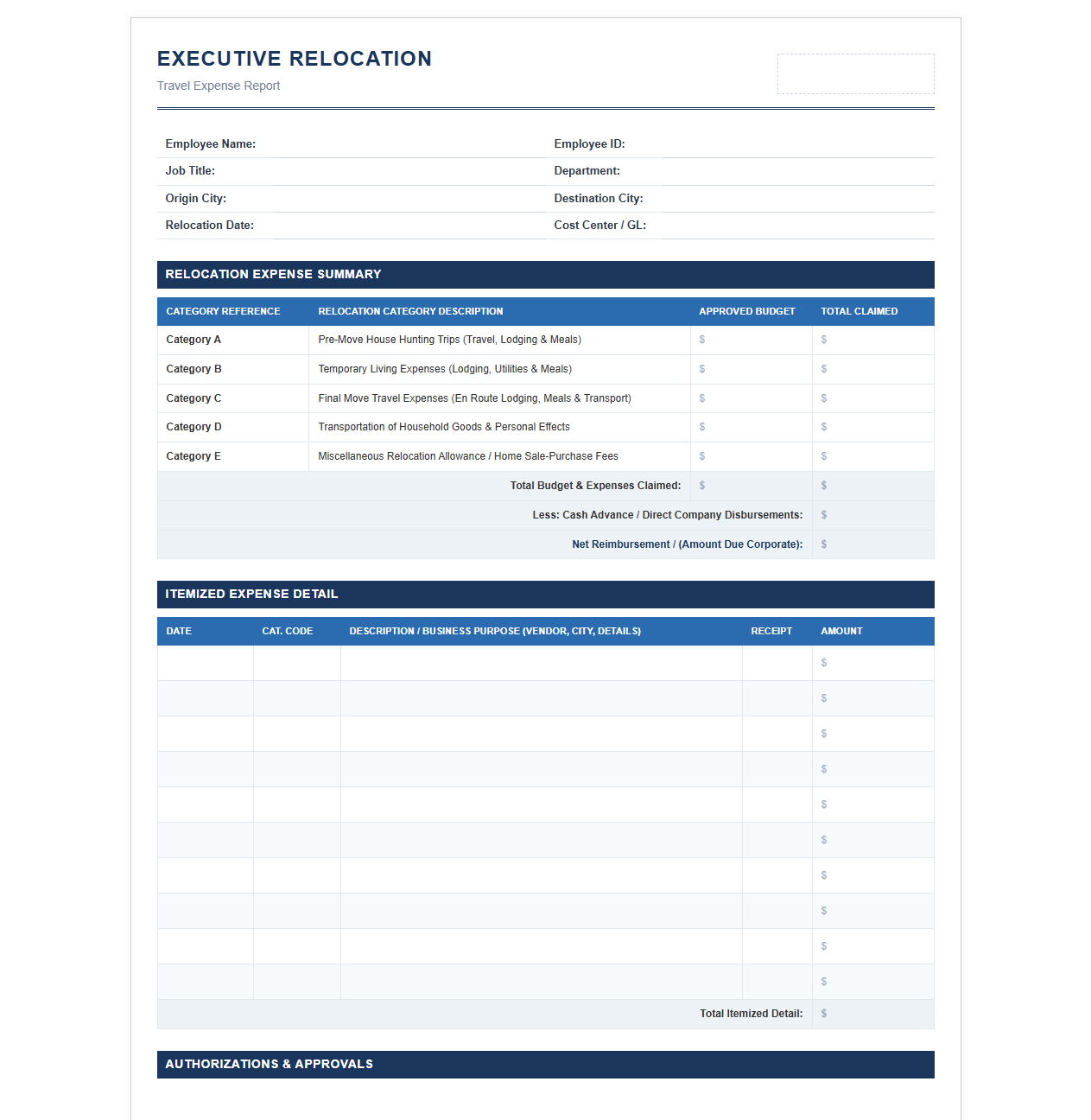 Executive Relocation Travel Expense Report