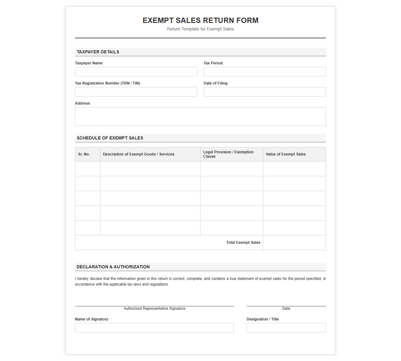 Exempt Sales Return Form