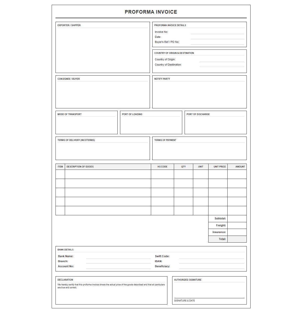 Export Proforma Invoice Document Template