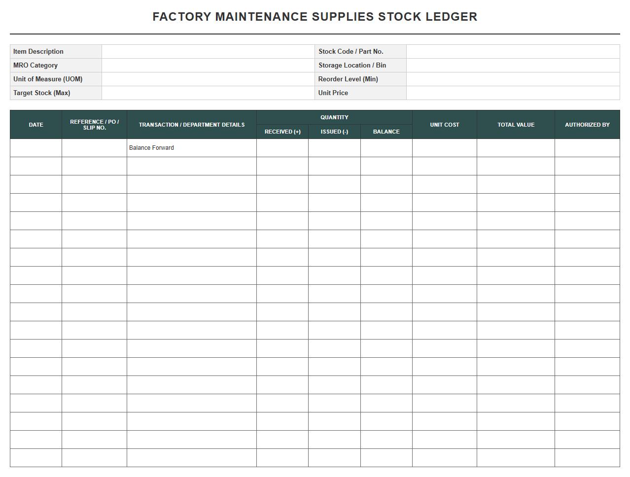 Factory Maintenance Supplies Stock Ledger